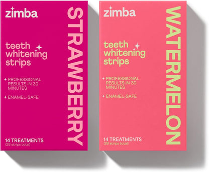 Zimba Teeth Whitening Strips for Teeth Sensitive, White Strips for Teeth Whitening, Teeth Whitener Stain Remover 28 White Strips Included Per Pack, 2 Pack (14 Day Treatment), Strawberry and Watermelon