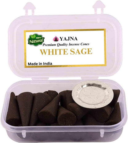 Yajna White Sage 100%-Natural-Incense-Cones Handmade-Hand-Dipped Organic-Chemicals-Free for-Purification-Relaxation-Positivity-Yoga-Meditation The-Best-scents (20 Count)