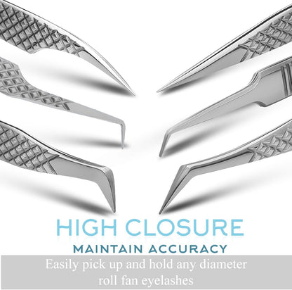 SIVOTE Eyelash Extension Tweezers Fiber Tips Japanese Steel, Set of 6 – Curved, Dolphin, 90° 45° Volume Boot & Slight Curved Tweezer – Professional Lash Tweezers for Lash Extensions Silver