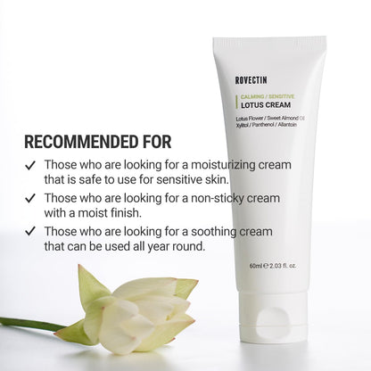 ROVECTIN Calming Lotus Water Cream - Lightweight Moisturizer Face Cream for Oily, Combination Skin | 75% Lotus Water Extract For Skin Purifying, Anti-Aging | Vegan Korean Skincare (2.03 fl oz, 60ml)