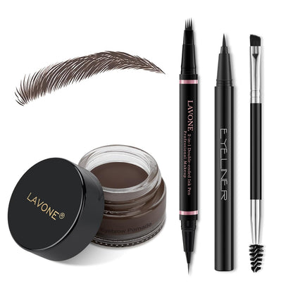 Eyebrow Pencil Makeup Kit, with Waterproof 2-IN-1 Microblading Eyebrow Pen, Eyebrow Pomade, Eyeliner and Dual-ended Eyebrow Brush, Brow Pencil Kit for Natural Eyebrows - Dark Coffee