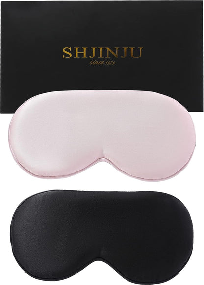 2-Pack 100% Real Natural Silk Eye Mask, Silk Sleeping Mask, Shade Puffy Eye Gift with Adjustable Straps, Sleep Eye Mask, SHJINJU Eye Mask Shade (Black and Light Pink)