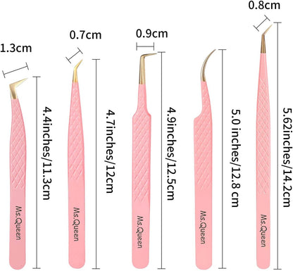 Ms.Queen Lash Tweezers for Eyelash Extensions,5Pcs Precision Fiber Tip Grip Curved 45 90 Degree Boot volume Tweezers Set