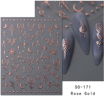 12 Sheets Metallic Nail Art Stickers - Sun Star, Moon Rose & More - 3D Self-Adhesive, Shiny Laser Gold & Silver - Holographic, Glitter for Women's Nail Manicure Decorations