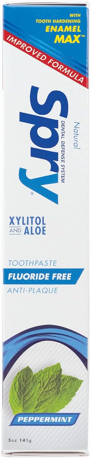 Spry Natural Xylitol Toothpaste 5oz for Adults and Kids - Fluoride Free, Gentle for Sensitive Teeth Whitening and Remineralizing, Breath Freshening, Mouth Moisturizing, Peppermint (Pack of 3)
