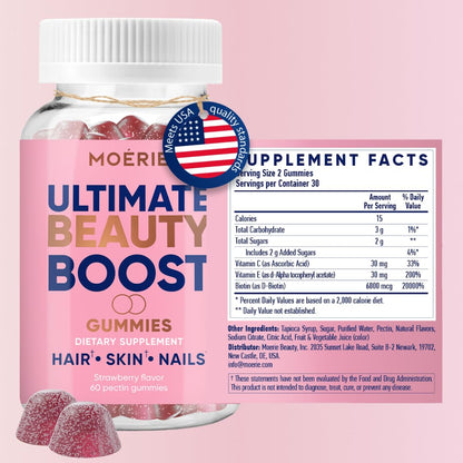 Moerie Hair Skin and Nails Gummies for Women & Men - Biotin for Hair Loss, Gummy Vitamins & Growth Dietary Supplements - Sugarbear for Thicker Hair - Allergen Free - 60 per Serving - Balanced Diet