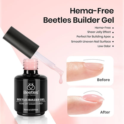 Beetles Hema Free Pink Builder Gel with No Wipe Gel Top Coat and Base Coat Shine Finish and Long Lasting, Soak Off LED Jelly Nude Builder Nail Strengthener Extension Thickening & Repair