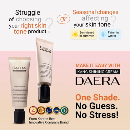 DAERA Kang Shining Korean BB Tinted Moisturizer Cream (1 Color,Neutral), Self Adjusting BB Cream,1.35 fl oz, Glowing Skin Natural Makeup, Buildable Coverage, Lightweight