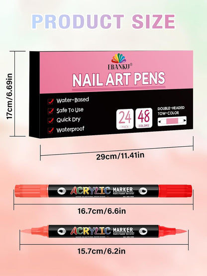48 Colors Nail Art Pens Set 3D Acrylic Paint Nail Art Quick-Drying, EBANKU Nail Point Dotting Liner Pen Sets for Home & Salon Nail DIY, 24 Count Dual-Tip Nail Pens