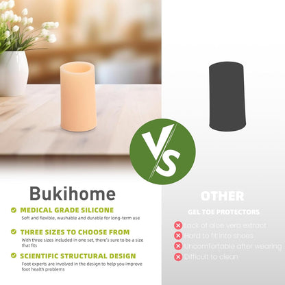 Bukihome Silicone Toe Protectors – 14 Pack Silicone Toe Sleeve for Hammer Toes, Corns, Calluses, Blisters – Soft Gel Protector Toe Cushions for Pain Relief (Beige, Small)