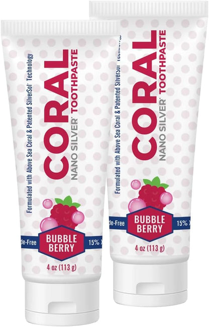 Coral Nano Silver Bubble Berry Kids Toothpaste, Natural Fluoride Free Teeth Whitening Toothpaste, Coral Calcium Nano Silver Infused SLS Free - 4 Ounces (2 Pack)