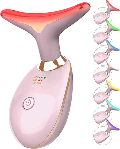 7 Color Face and Neck Massager Light Therapy, Red Light Based Facial Massager for Skin Care, Firming, Smoothing (Pink)