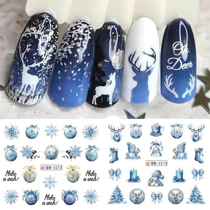 12 Sheets Christmas Nail Art Stickers Winter Snowflake Snowman Water Transfer Nail Decals Xmas Tree Santa Claus Penguin Gingerbread Man Design Acrylic Nail Foils for Women Kids DIY Holiday Nail Decor