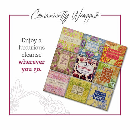 French Milled Botanical Soap Sampler Set of 9 - Individually Wrapped Vegetable-Based Mini Soaps with Essential Oils, Shea Butter, and Natural Extracts (Floral Favorites - White Box)