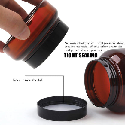 Amber Plastic Jars with Lids, 12 Pack Brown Body Scrub Jars Empty Refillable Containers Round Low Profile Samples Jars for Lotion, Body Butter, Sugar Scrub, Cream (7 OZ)