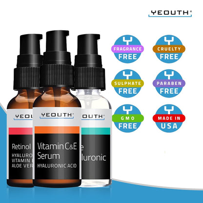 YEOUTH Retinol Serum for Face, Vitamin C Serum for Face with Hyaluronic Acid Serum for Face, Retinol for Face Serum, Vitamin C Face Serum for Women, Skin Care Set 3x1 oz