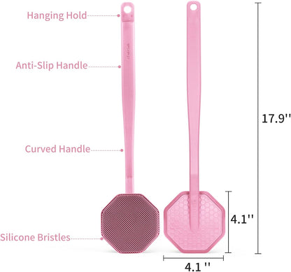 iTokGoK® Silver-Infused Silicone Back Scrubber with Long Handle Back Brush for Shower,Back Brush Long Handle for Men and Women,Ergonomic No-Slip Handle, Long-Lasting (Pink)