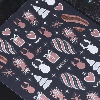 2PCS Christmas Nail Art Stickers, Winter Snowflake Reindeer Nail Stickers Christmas Gift Heart Pattern Self-Adhesive Nail Decals, DIY Nails Art Decoration, Festive Nails Supplies, Xmas Nails Charms