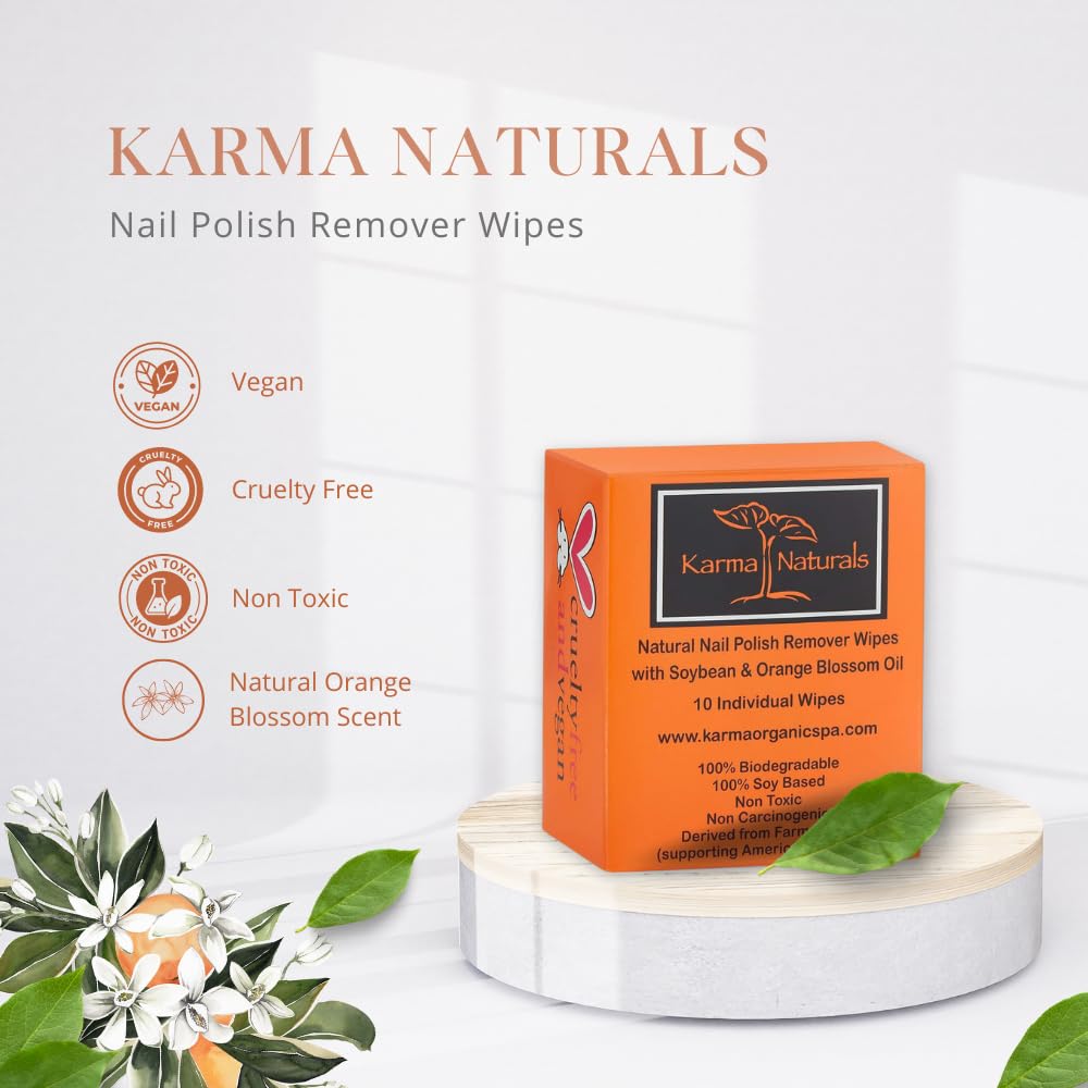 Karma Organic Natural Nail Polish Remover Wipes with Soybean and Orange Blossom Oil, 100% Soy Based, Non-Toxic, Vegan, Cruelty-Free – Pack of 10