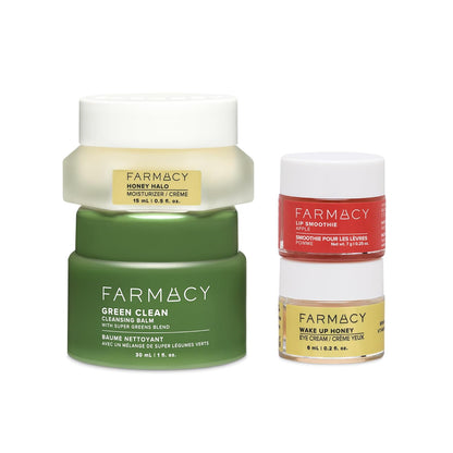 Farmacy Favorites Skin Care Set - Includes Green Clean Cleansing Balm, Wake Up Honey Eye Cream, Honey Halo Face Moisturizer & Lip Smoothie - Travel Size Skincare for Healthy, Glowing Skin (4 Count)