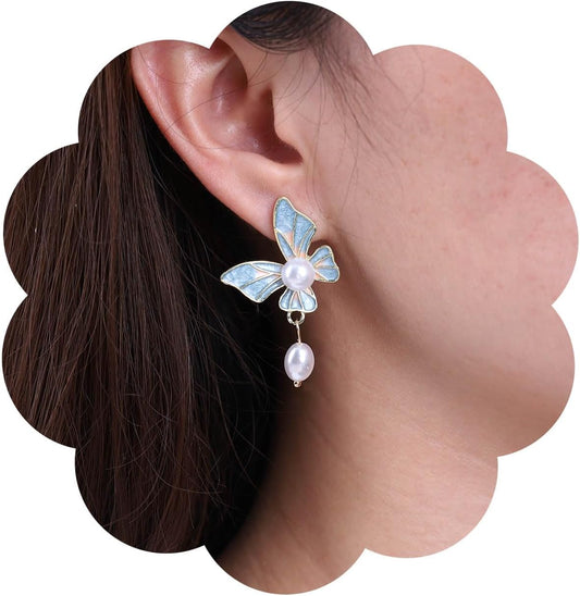 Boho Acrylic Butterfly Pearl Drop Earrings Gold Pearl Dangle Earrings Blue Enamel Butterfly Earrings Vintage Resin Butterfly Stud Earrings Jewelry for Women