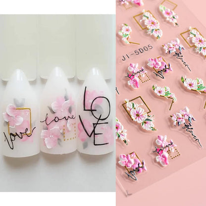 5D Nail Art Stickers 4 Sheets Pink Flowers Geometric Lines Decor Acrylic Embossed Sliders Gold Strips Decals Charms Cherry Blossom Manicure Accessories