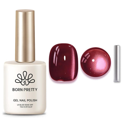 BORN PRETTY Cat Magnetic Eye Gel Nail Polish,Red Wine Jelly Glass Magnetic Gel Polish Glitter Soak Off Nail Art Salon Manicure Home Gift 15ml