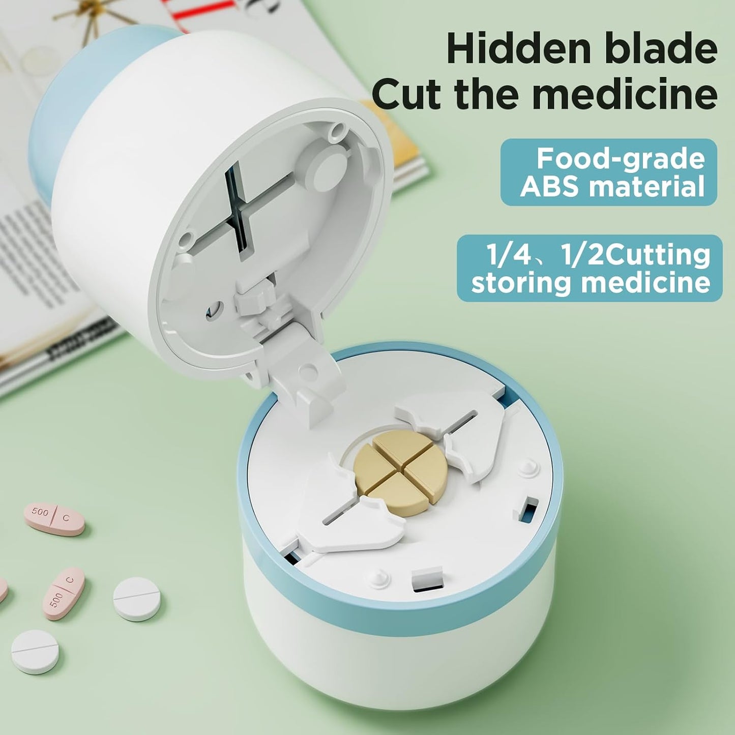 Pill Cutter - Pill Splitter with Stainless Steel Blade for Cutting Small Pills or Large Pills in one Fourth, Pill Cutter 1/4, Suitable for Cuting Vitamins, Tablets (1-4 Blue)