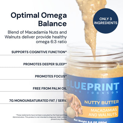 Blueprint Bryan Johnson Nutty Butter – Chunky Macadamia Nut Butter with Walnut – No Palm Oil, No Added Sugar – Just 3 Ingredient Nut Butter– Keto, Vegan, Paleo – Low Carb Nut Butter Snack – 8.8oz Jar