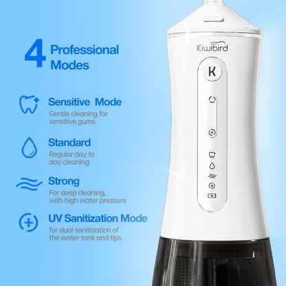 KIWIBIRD Water Dental Flosser Cordless with UVC Light, 3 Modes Portable Oral Irrigator, IPX7 Waterproof, 300ML Tank, Electric Teeth Cleaner for Tonsil Stones, Home & Travel Use (Black & White)