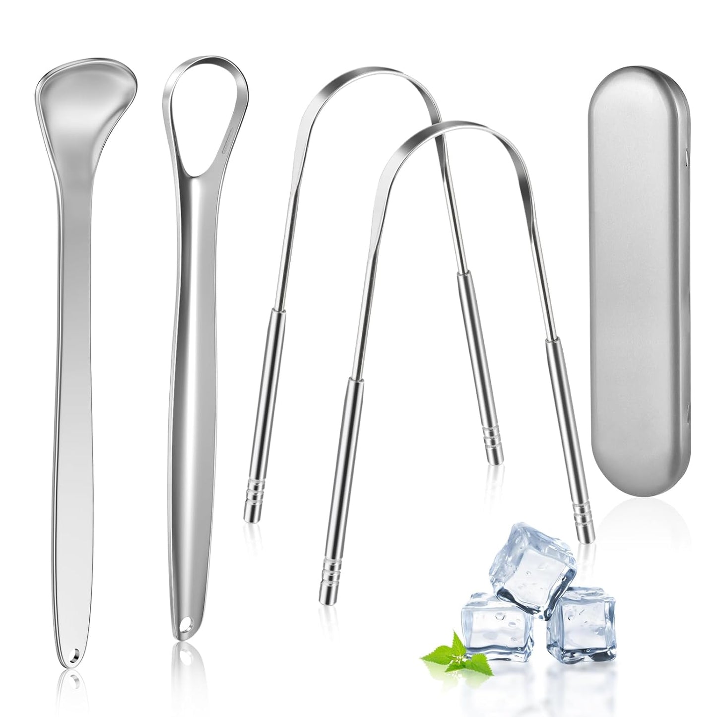 MORGLES Metal Tongue Scraper, 4 Pcs Tongue Cleaners with Case for Adults