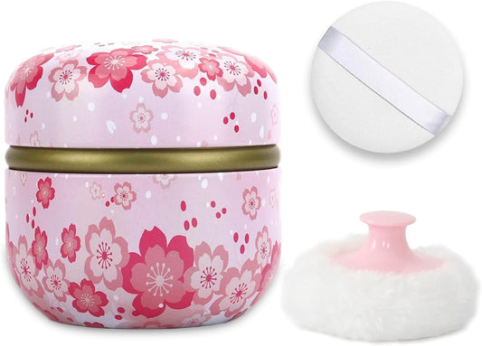 SHIMIDO Body Powder Puff and Container, 3.15" Portable Empty Body Powder Container for Baby Women's Loose Dusting Powder, Powder Case Box with Lids for Bath, Travel and Home Use (Pink Flower B)