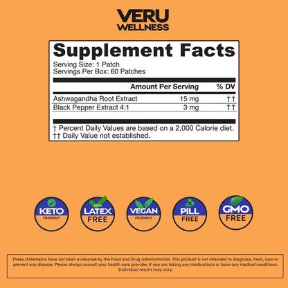 Veru Wellness Ashwagandha Patch - Stress Relief, Natural Mood Support, Stress, Energy, and Focus Support Patch (60 Count)