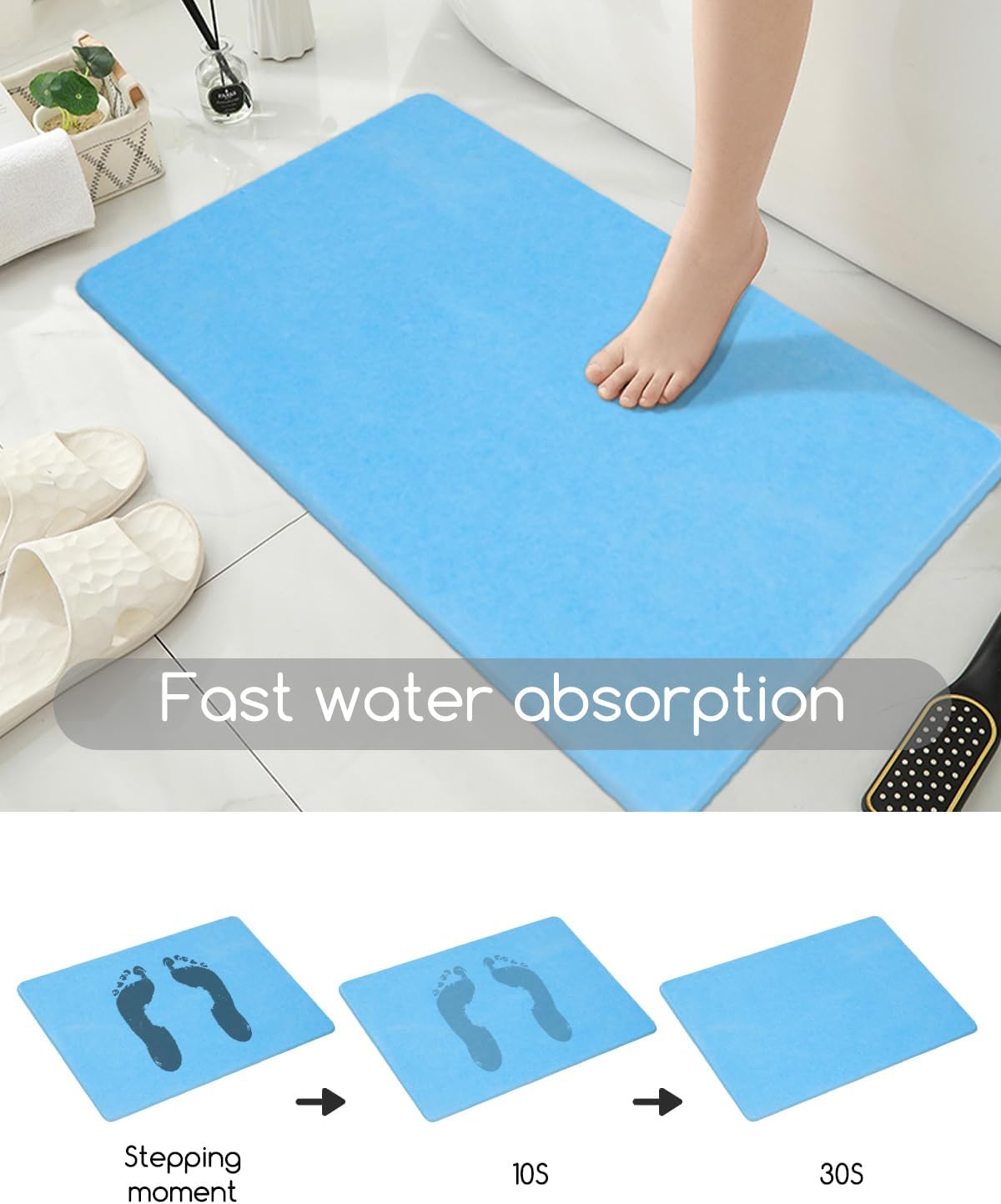 Stone Bath Mat 24"x16" - Diatomaceous Earth Shower Mat, Quick Dry, Anti-Slip, Modern Design with Bonus Non-Slip Pad - Perfect for Home Safety and Style, (Blue)