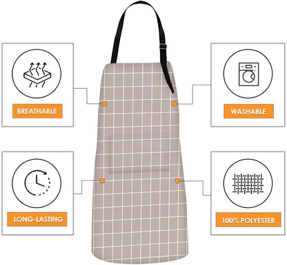 Britimes 2 Pack Aprons, Plaid Check Grid Taupe Adjustable Bib Aprons with 2 Pockets for Women Men Couple Lovers Chef Home Kitchen Cooking Baking Gardening Tan Black Apron 32x28 Inches