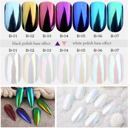 7 Colors Chrome Nail Powder Aurora Metallic Holographic Mirror Effect Dip Nail Powder Kit, White Pearl Iridescent Shell Powder Glitter Nail Art Pigment Manicure for Nails