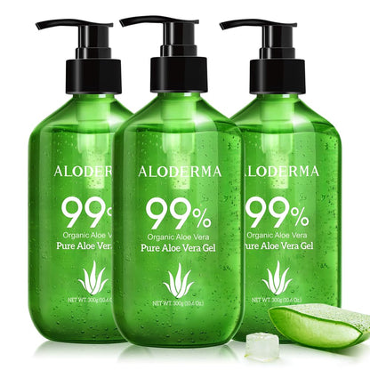 Aloderma 99% Organic Aloe Vera Gel Made within 12 Hours of Harvest - Pump Bottle - Lightweight Aloe Gel for Face and Body, Soothing and Hydrating Sunburn Relief, Great for Scalp & Hair, 3btls x 10.6oz