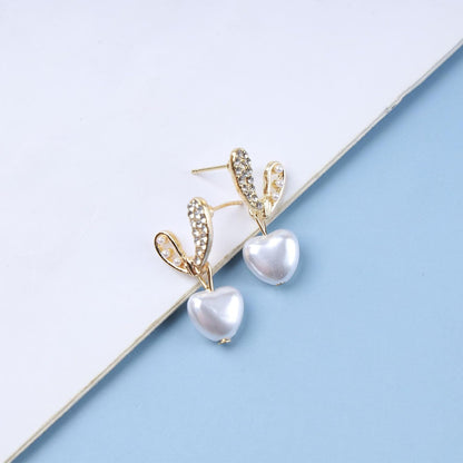 Vintage Pearl Heart Drop Earrings Rhinestone Pearl Stud Earrings Gold Cz Pearl Heart Earrings Crystal Heart Dangle Earrings Jewelry for Women