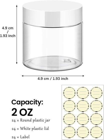 TUZAZO 24 Pack 2 Oz Small Plastic Container Jars with Lids and Labels BPA Free, Empty Round Clear Cosmetic Containers Plastic Slime Jars for Lotion, Cream, Ointments, Samples, Travel Storage (24)