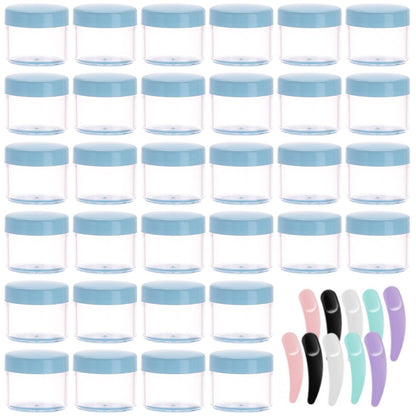 Refillable Cosmetic Sample Jars - 100 Pack 20g (0.7oz) Blue Small Travel Containers with Lids + 10 Mini Makeup Spatulas - BPA Free