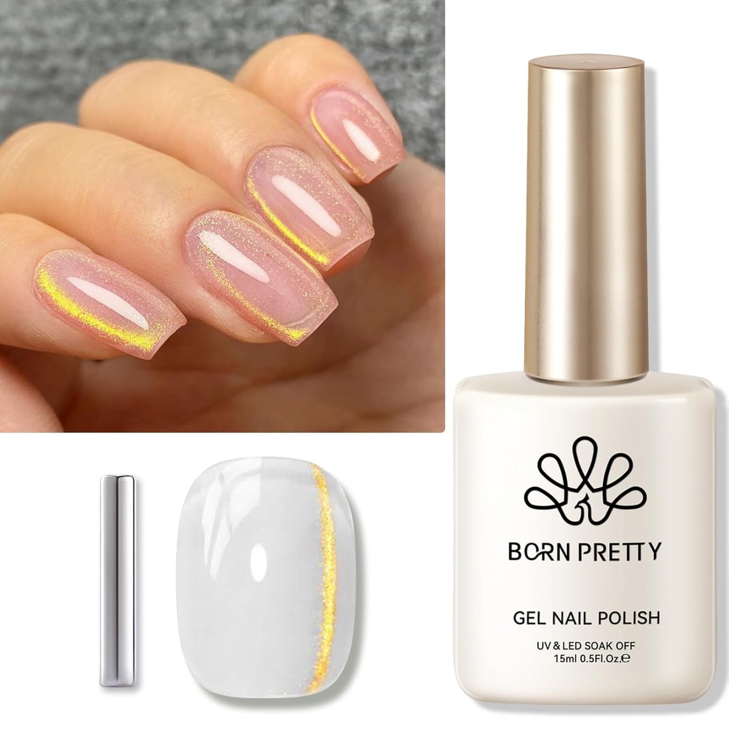 BORN PRETTY Cat Magnetic Eye Gel Nail Polish, Golden Ribbon Cat Magnetic Gel Nail Polish Magnetic Nail Polish for Nail Art Manicure Salon DIY at Home 15ML