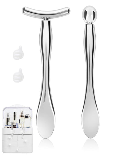 Metal Eye Cream Applicator Tool, Eye Roller for Eyes Puffiness Wrinkle, Facial Massager Tool for Skincare, Eye Cream Scraper Lift Wand Stick with Holder for Women Massager Gift Silver