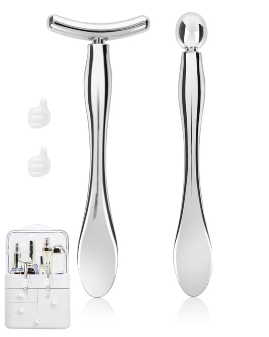 Metal Eye Cream Applicator Tool, Eye Roller for Eyes Puffiness Wrinkle, Facial Massager Tool for Skincare, Eye Cream Scraper Lift Wand Stick with Holder for Women Massager Gift Silver