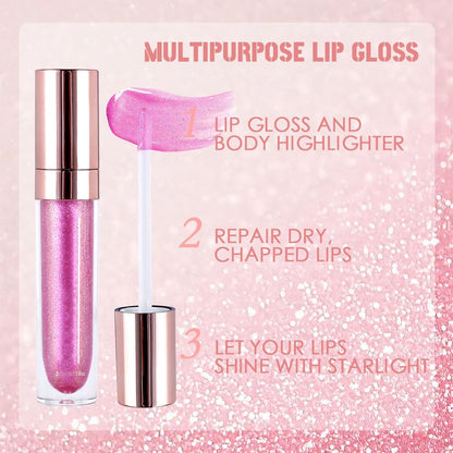 evpct 1Pcs Pink Pearlescent Chameleon Shimmer Glitter Lipstick Lip Gloss, Long Lasting Waterproof Glitter Metallic Sparkly Glossy Lip Gloss Tint Liquid Lipsticks Set Lip Stain Makeup for Women