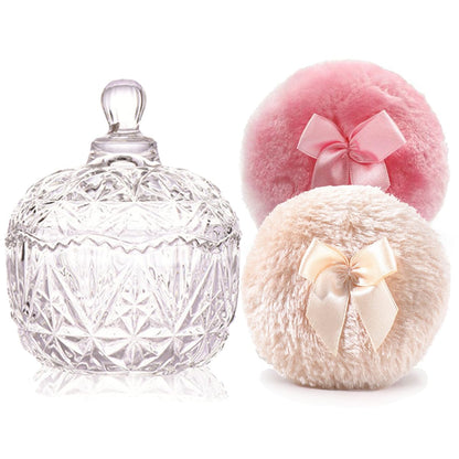 Luxury 4 Inch Glass Loose Powder Container with 2 Soft 3.5" Puffs｜Non-Sealed Refillable Organizer Storage for Body Powder Makeup & Jewelry & Setting Applicator(Crown-Clear)
