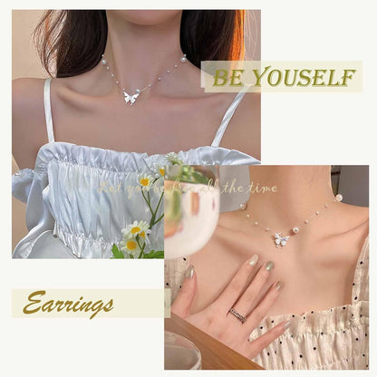 Boho Butterfly Pendant Necklace Choker Vintage Pearl Butterfly Necklace Invisible Line Chain Pearl Necklace Statement Bridal Pearl Satellite Chain Necklace Jewelry for Women