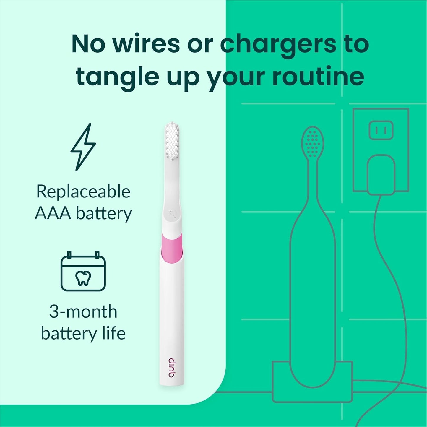 Quip Sonic Toothbrush for Adults with Timer - Includes Extra Brush Head and Travel Cover Mount - Electric, Soft Bristle Refill Head, Plastic Handle, 3 Month Battery Life - Travel Toothbrush - Magenta