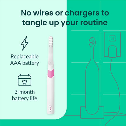 Quip Sonic Toothbrush for Adults with Timer - Includes Extra Brush Head and Travel Cover Mount - Electric, Soft Bristle Refill Head, Plastic Handle, 3 Month Battery Life - Travel Toothbrush - Magenta