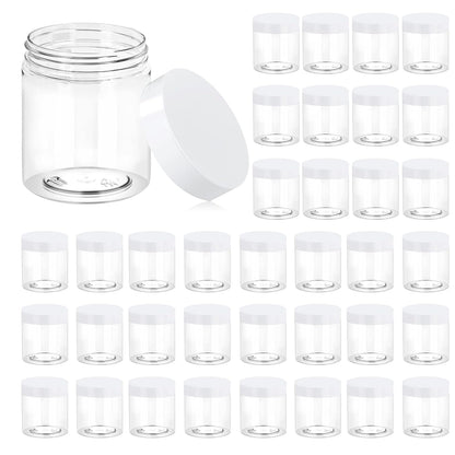Eternal Moment 36 Pack 8 OZ Plastic Jars Round Clear Cosmetic Container Jars with White Lids, Perfect for Lotion, Slime，Cream, Ointments, Makeup, Eye Shadow, Samples, Pot, Travel Storage ﻿