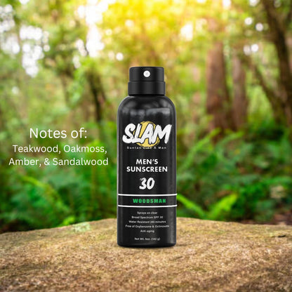 SLAM WoodsMan Men's Scented Sunscreen Spray SPF 30 – Broad Spectrum Sun Screen Spray for Face & Body, Water Resistant & Sweat Resistant Sunscreen, UVA/UVB Protection, Sunblock for Men